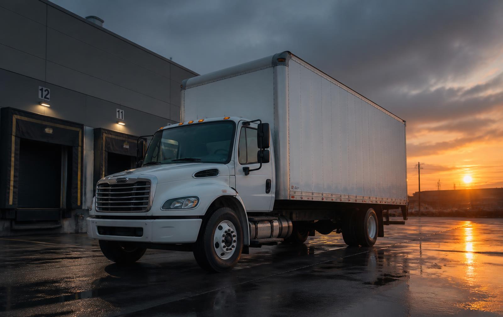 Box truck parked at a loading dock at sunrise