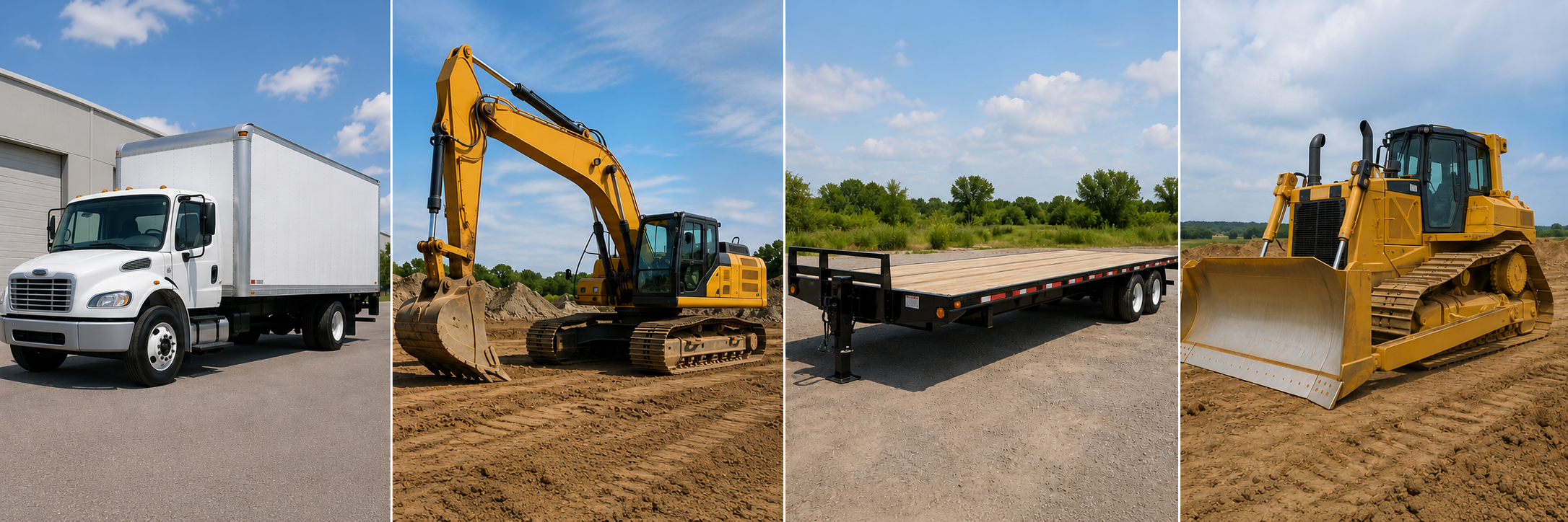 Illustration of various equipment types including a box truck, excavator, trailer, dozer, and car